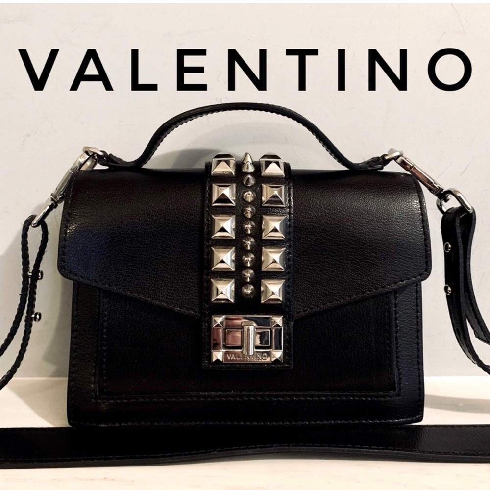 Valentino Titti Black Palmellato Leather Silver Studded Top Handle Crossbody